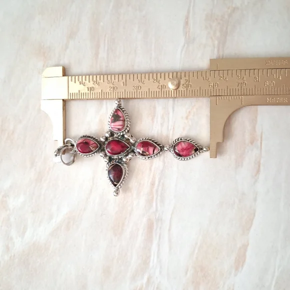 Artisan Handmade Red Rose Dahlia Turquoise 925 Sterling Silver Cross Pendant - Picture 4 of 5